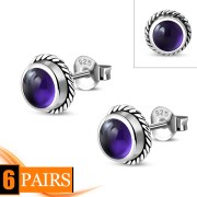 6pairs, Amethyst Round Stud Silver Earrings - e369